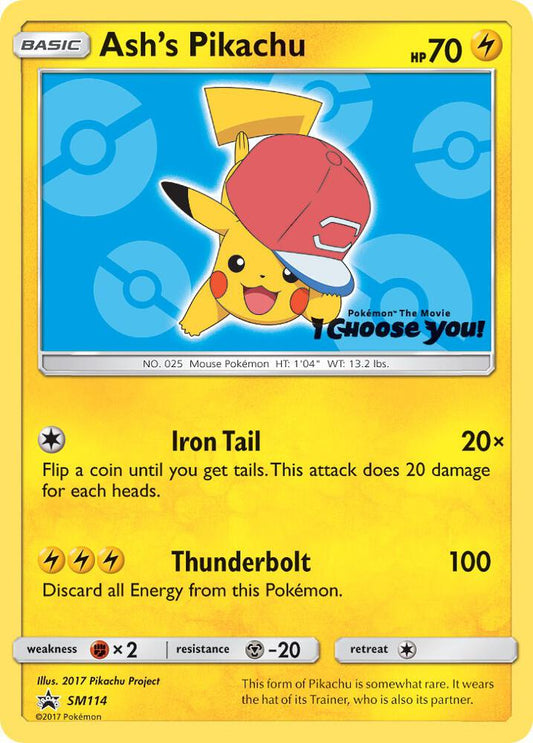 2017 Pokémon Ash's Pikachu SM114 Black Star Promo holo English card in Near Mint condition.