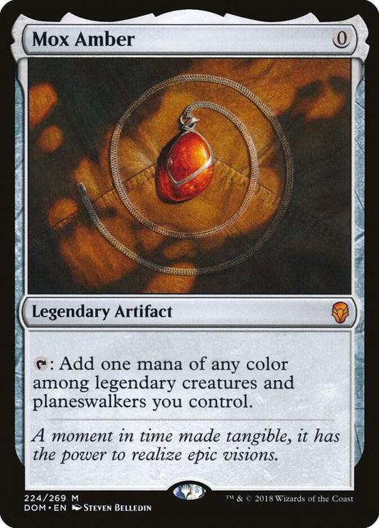 Mox Amber card from Dominaria, Magic: The Gathering, featuring iconic artwork and legendary artifact status.
