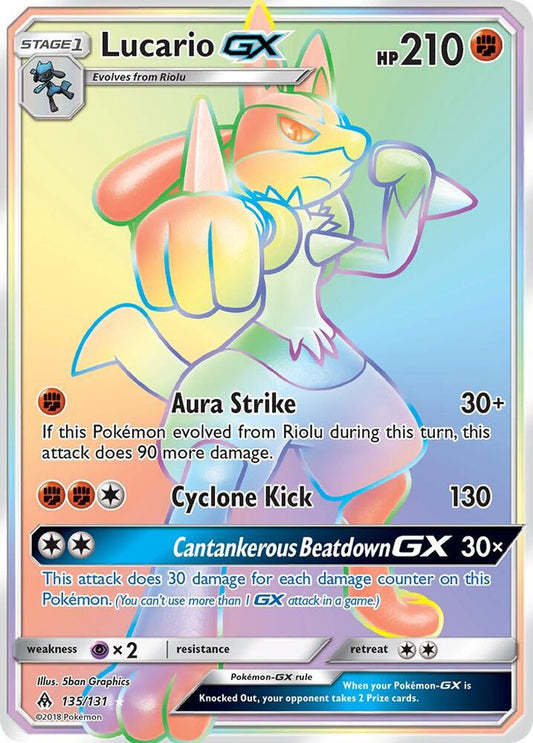 2018 Pokémon Lucario GX 135/131 Sun & Moon Forbidden Light Secret Rare Rainbow Holo English card in Near Mint condition.