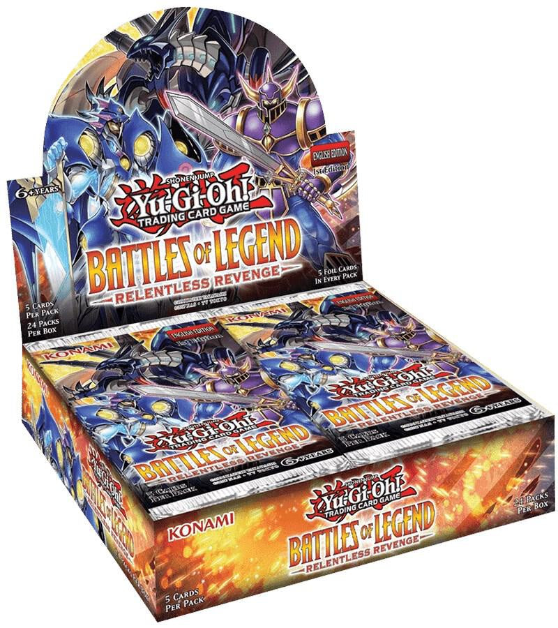 2018 Yu-Gi-Oh! Battles of Legend Relentless Revenge 1st Edition factory-sealed booster box containing 24 packs of 5 cards, including Secret Rare and Ultra Rare cards.
