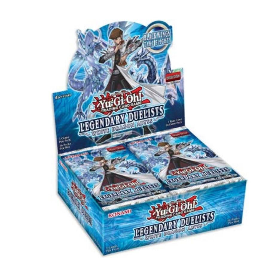 2023 Yu-Gi-Oh! Legend of Blue Eyes White Dragon 25th Anniversary Edition factory-sealed booster box containing 24 packs of 9 cards featuring classic Yu-Gi-Oh! monsters.