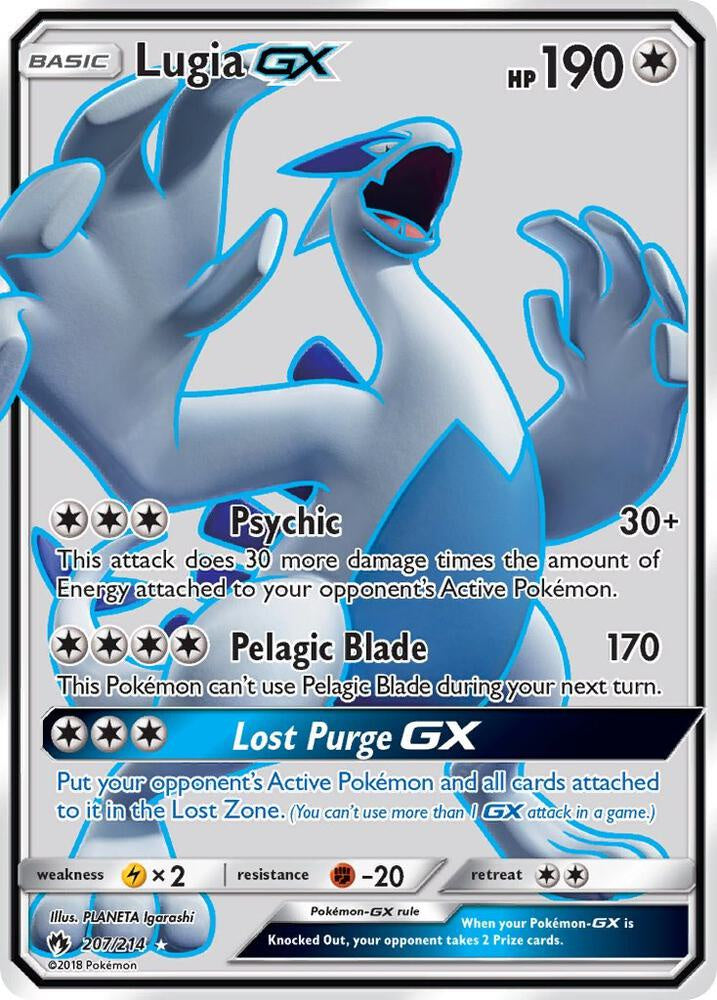 2018 Pokémon Lost Thunder Lugia GX 207/214 Full Art Ultra Rare Holo English trading card.