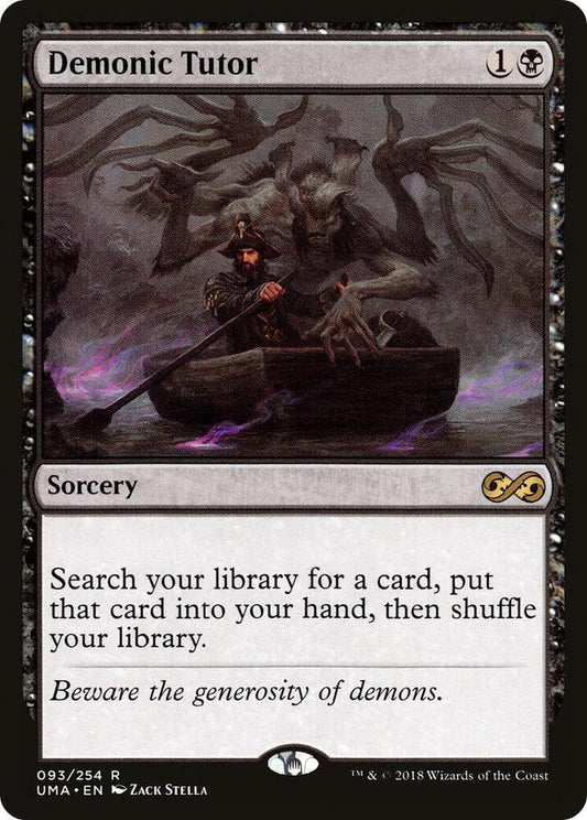 Card featuring a character rowing a boat with demons, titled 'Demonic Tutor'.