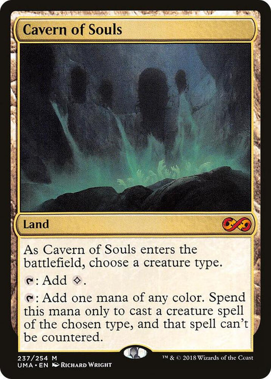 Card featuring 'Cavern of Souls' with silhouettes in a dark cave and glowing green mist.