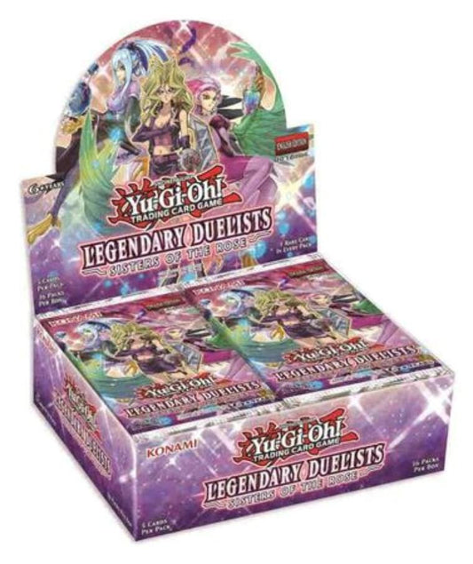 2019 Yu-Gi-Oh! Legendary Duelists Sisters of the Rose 1st Edition factory-sealed booster box containing 36 packs of 5 cards featuring Harpie, Cyber Angel and Rose Dragon support.
