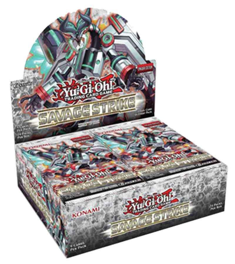 2019 Yu-Gi-Oh! TCG Savage Strike 1st Edition factory-sealed booster box containing 24 booster packs with 9 cards per pack.