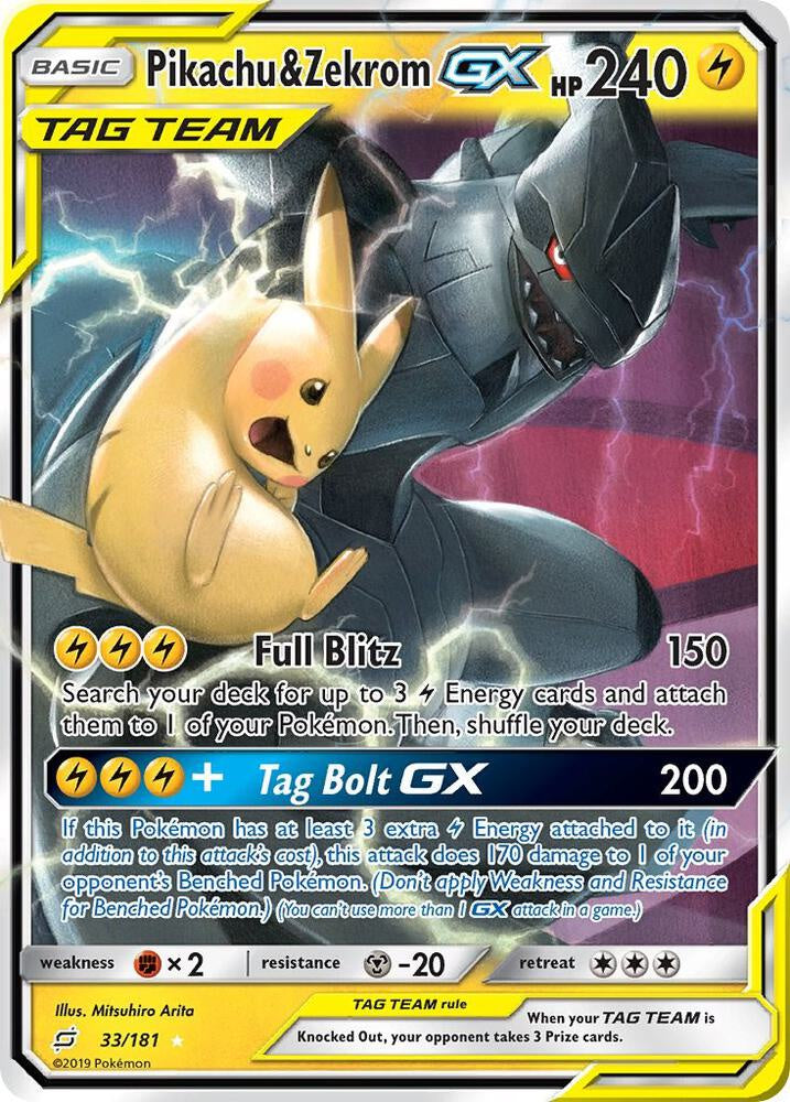 2019 Pokémon Pikachu & Zekrom GX 33/181 Sun & Moon Team Up Rare Holo GX English card in Near Mint condition.