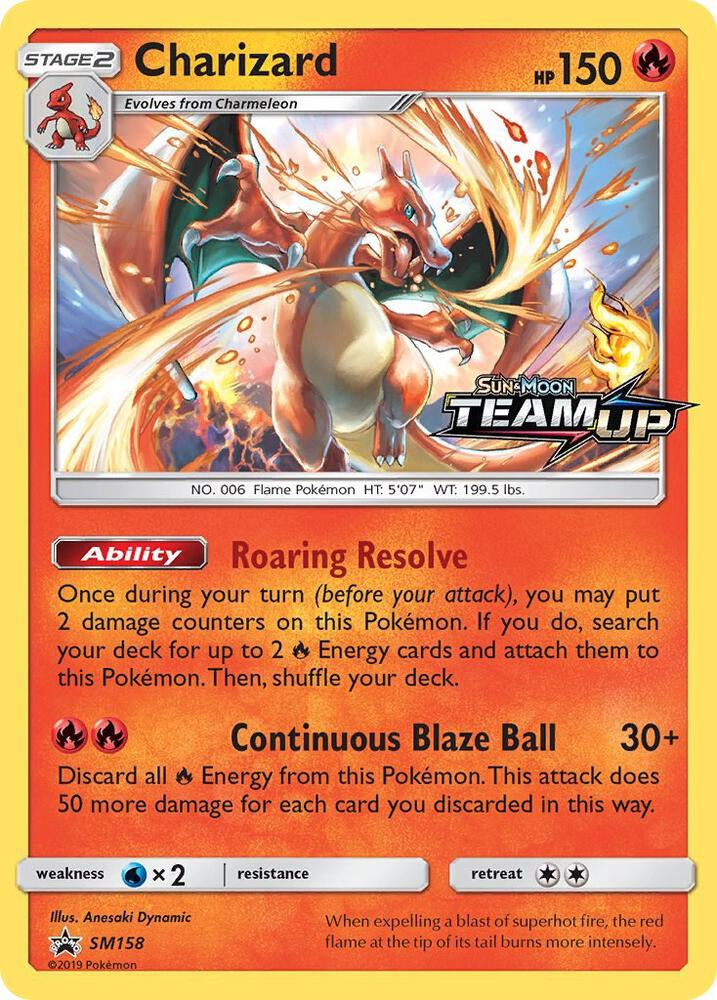 2019 Pokémon Charizard Team Up Prerelease SM158 Black Star Promo Holo card in Near Mint condition.