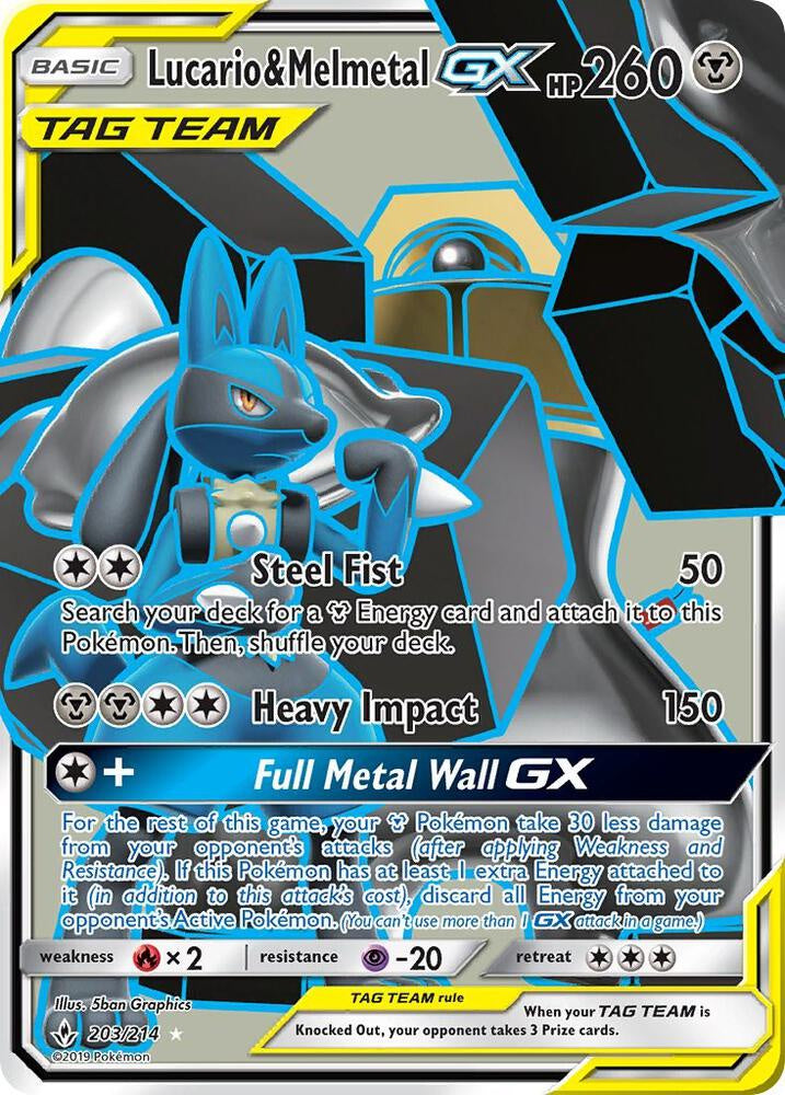 2019 Pokémon Unbroken Bonds Lucario & Melmetal GX 203/214 Full Art Ultra Rare Mint card.