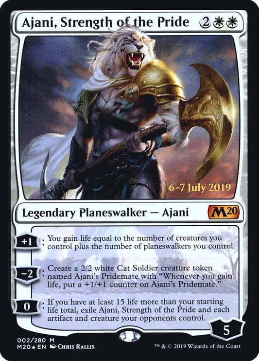 Trading card featuring Ajani, Strength of the Pride with character illustration and game text.