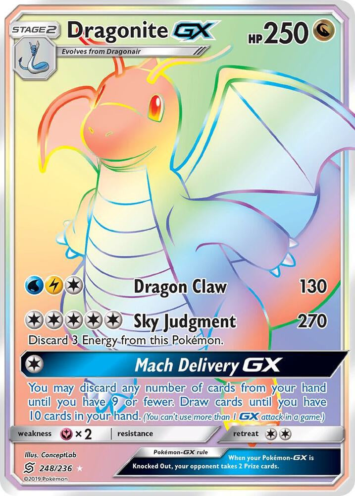 Pokémon Dragonite GX 248/236 Unified Minds Secret Rare Full Art Holo Near Mint English trading card.