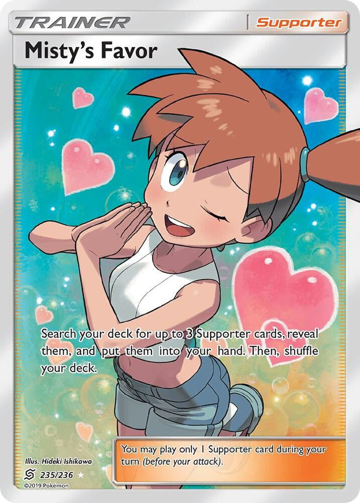 Pokémon Misty's Favor 235/236 Full Art Ultra Rare holo Trainer card from Sun & Moon Unified Minds in Near Mint condition.