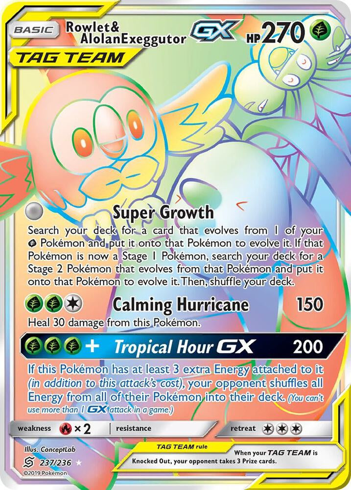 2019 Pokémon Unified Minds Rowlet & Alolan Exeggutor GX 237/236 Rainbow Secret Rare Near Mint card.