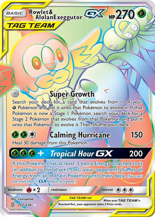 2019 Pokémon Unified Minds Rowlet & Alolan Exeggutor GX 237/236 Rainbow Secret Rare Near Mint card.