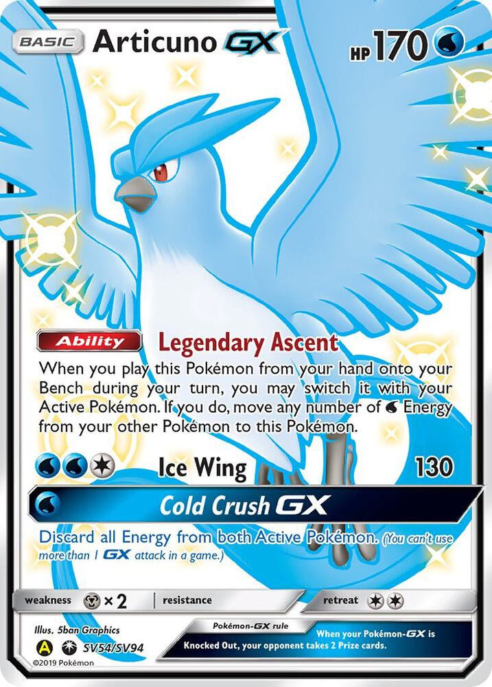 Pokémon Articuno GX SV54/SV94 Hidden Fates Shiny Vault Full Art Holo English trading card in Near Mint condition.