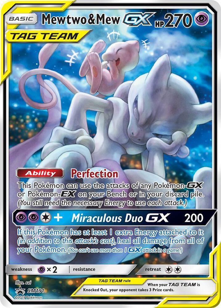 2019 Pokémon Mewtwo & Mew GX SM191 Sun & Moon Black Star Promo Holo English card in Near Mint condition.