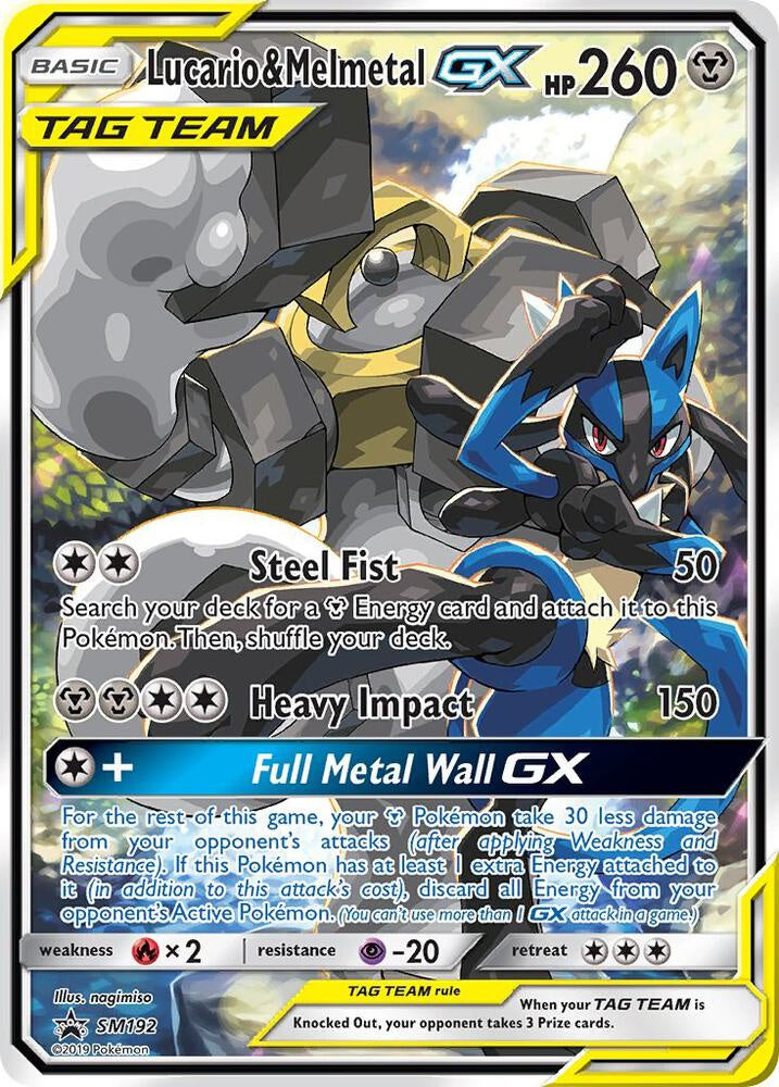2019 Pokémon Lucario & Melmetal GX SM192 Sun & Moon Black Star Promo Holo English card in Near Mint condition.