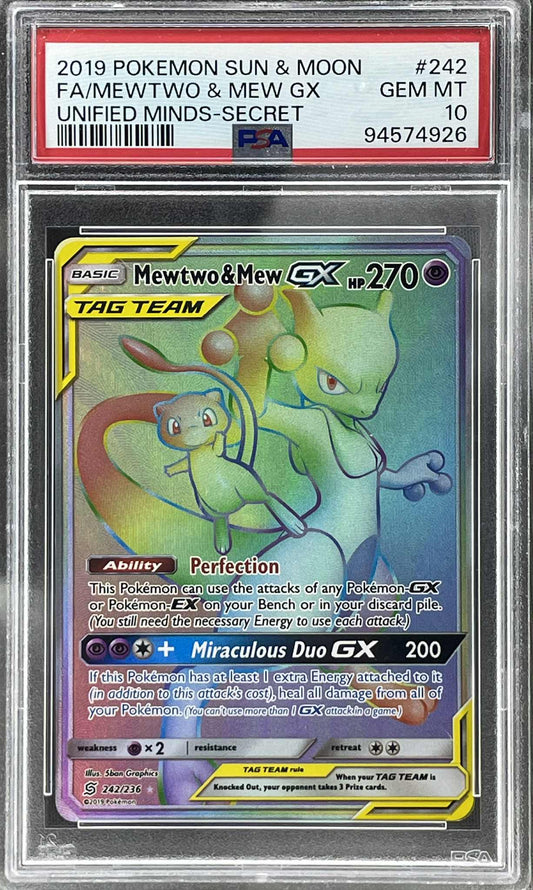 Mewtwo & Mew GX Secret Rare 242/236 Pokémon Sun & Moon card graded PSA 10 Gem Mint, featuring iconic TAG TEAM artwork.