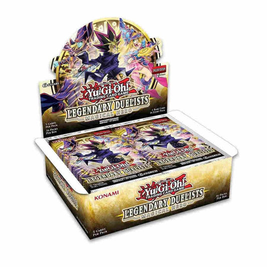 2020 Yu-Gi-Oh! Legendary Duelists Magical Hero 1st Edition factory-sealed booster box containing 36 packs of 5 cards, featuring Dark Magician and HERO cards.