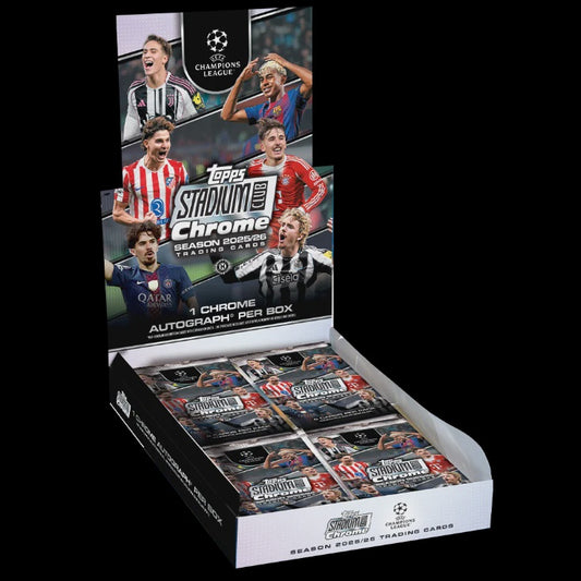 2025/26 Topps Stadium Club Chrome UEFA Champions League Hobby Box featuring premium Chrome soccer trading cards.