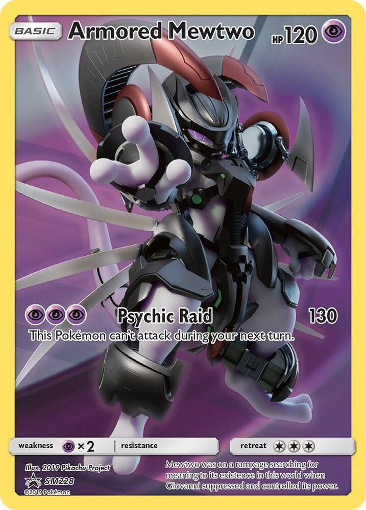 Pokémon Armored Mewtwo SM228 Sun & Moon Promo Holo English Lightly Played Pokémon trading card featuring the exclusive Armored Mewtwo artwork.
