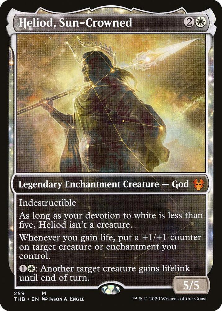 Card featuring a character with a spear and glowing aura, labeled 'Heliod, Sun-Crowned'.