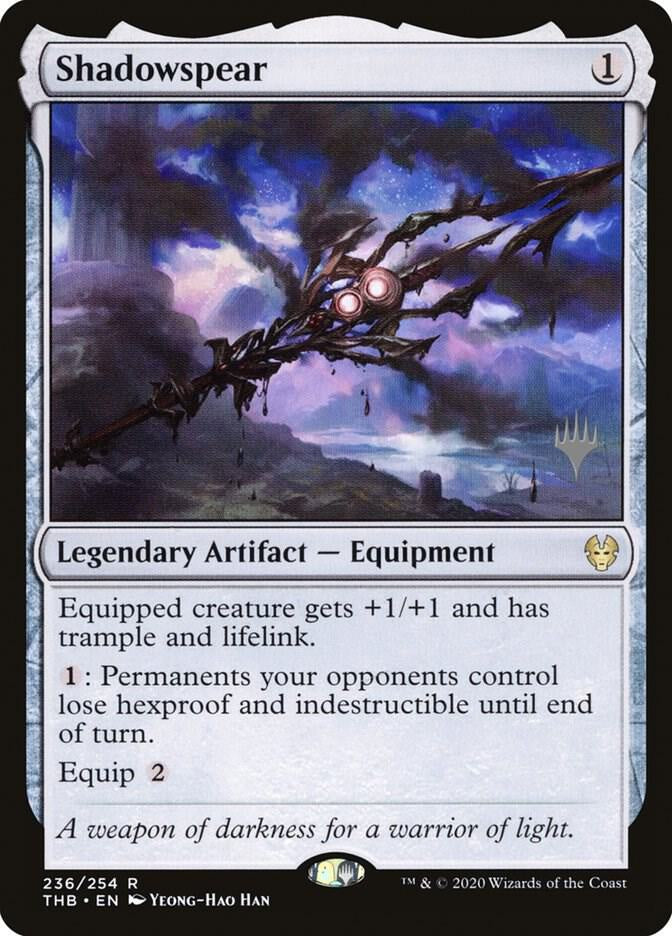 Shadowspear #236p Promo Pack Rare from Magic the Gathering Theros Beyond Death, Near Mint non-foil Legendary Artifact Equipment with Planeswalker stamp.