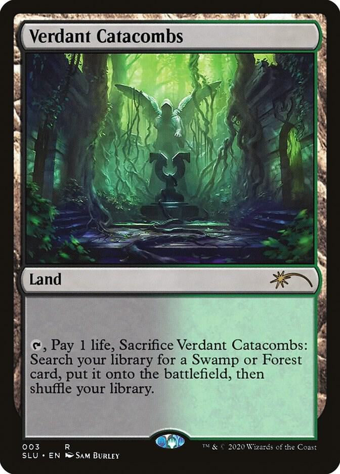 A Magic: The Gathering trading card titled 'Verdant Catacombs' from the Slum City expansion. The card features a dark forest illustration with green and blue tones, a gray mana cost frame, and a light green text box.