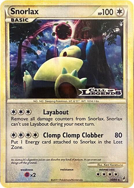 2011 Pokémon Call of Legends Snorlax 33/95 Prerelease stamped Holo Promo card in Near Mint condition.