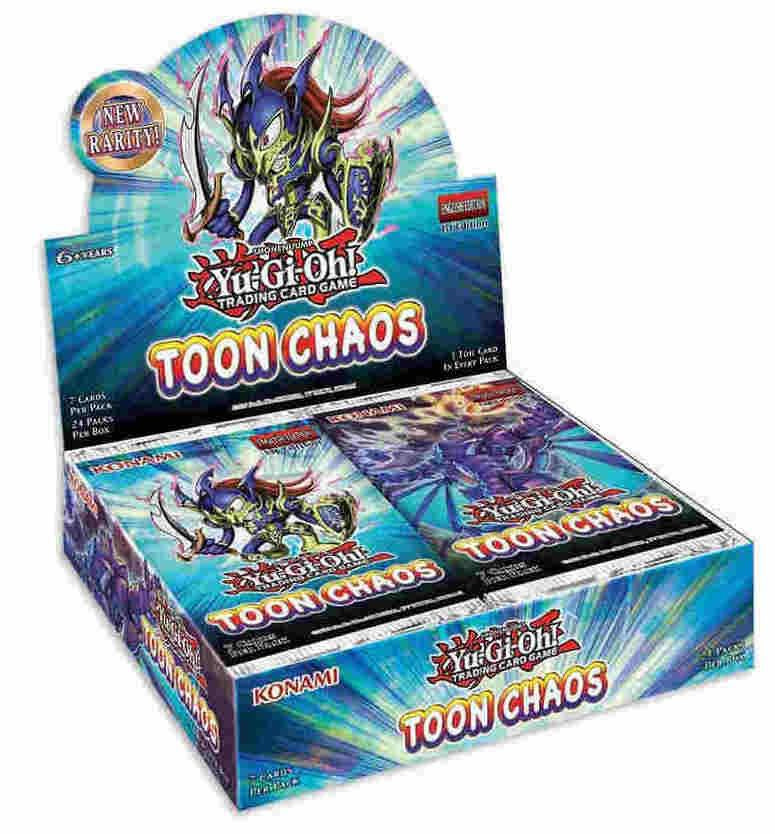 2020 Yu-Gi-Oh! TCG Toon Chaos 1st Edition factory-sealed booster box containing 24 packs of 7 cards, featuring Toon monsters and Collector's Rare chase cards.