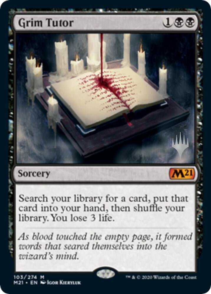 Grim Tutor card from a collectible card game with a spellbook and candles on a dark background.