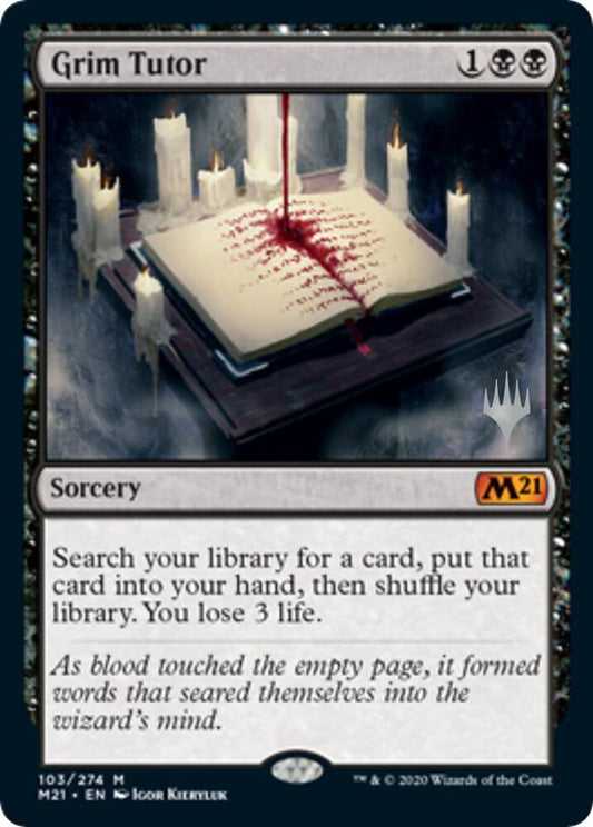 Grim Tutor card from a collectible card game with a spellbook and candles on a dark background.