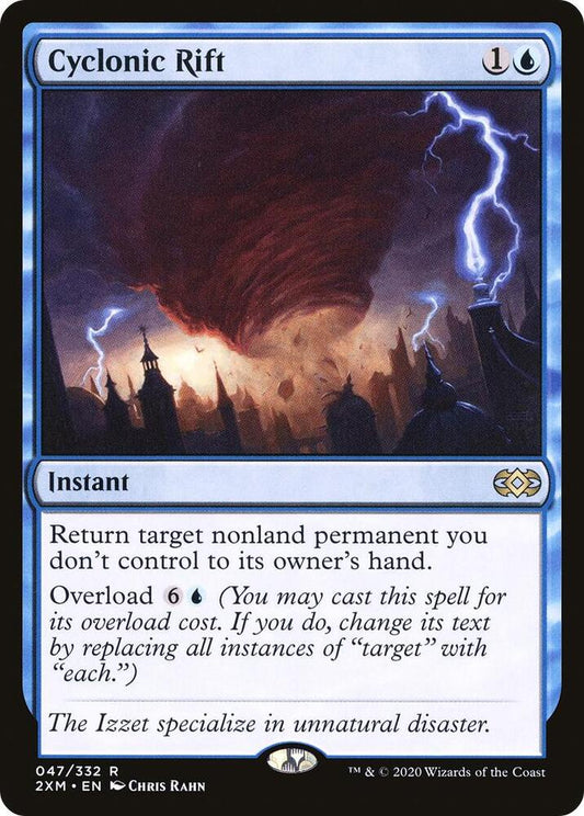 Cyclonic Rift card from a collectible card game with stormy background and text.