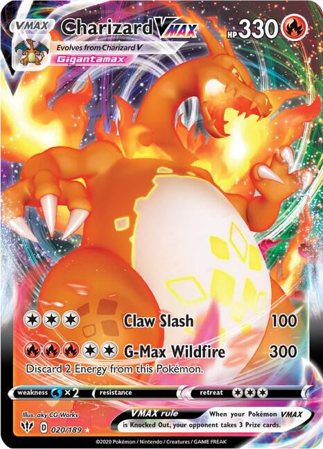 Charizard VMAX 020/189 Pokémon TCG card featuring Gigantamax Charizard, ultra rare collectible card.
