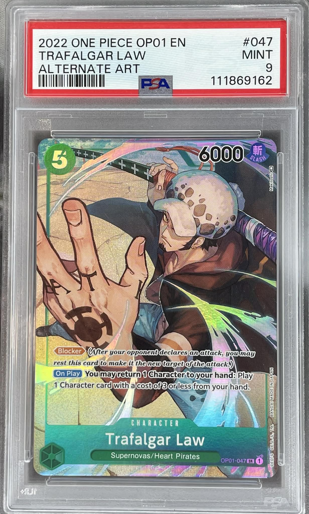 2022 One Piece OP01 Trafalgar Law #047 Alternate Art PSA 9 slab.
