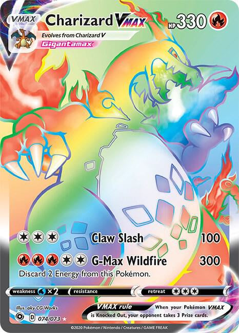 Charizard VMAX 074/073 Rainbow Secret Rare Champion’s Path Pokémon card.