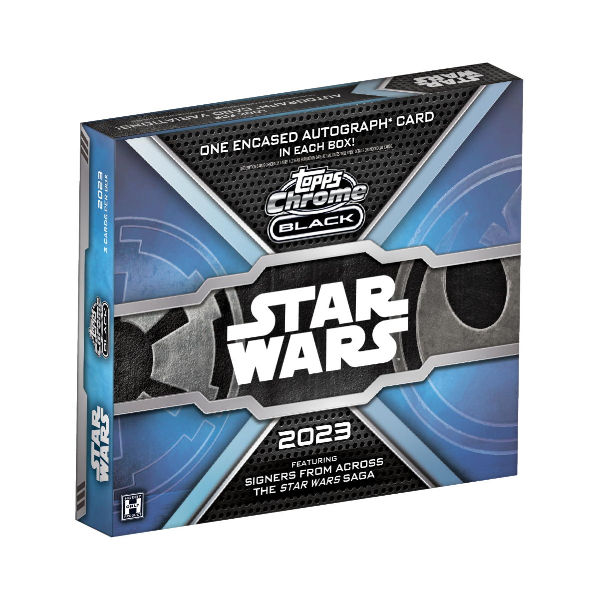2023 Topps Star Wars Chrome Black Hobby Box featuring an encased autograph, premium Chrome cards and Star Wars characters from across the saga.