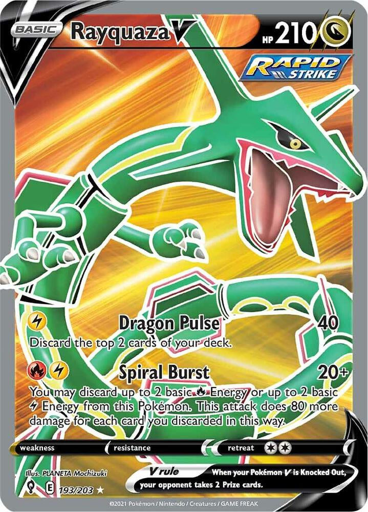 2021 Pokémon Evolving Skies Rayquaza V 193/203 Full Art Ultra Rare Holo Near Mint raw card.