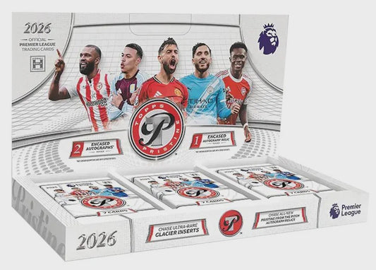 Factory sealed 2025/26 Topps Pristine Premier League Soccer Hobby Box pre-order containing 3 tri-stacks with two autographs and one autograph relic per box.
