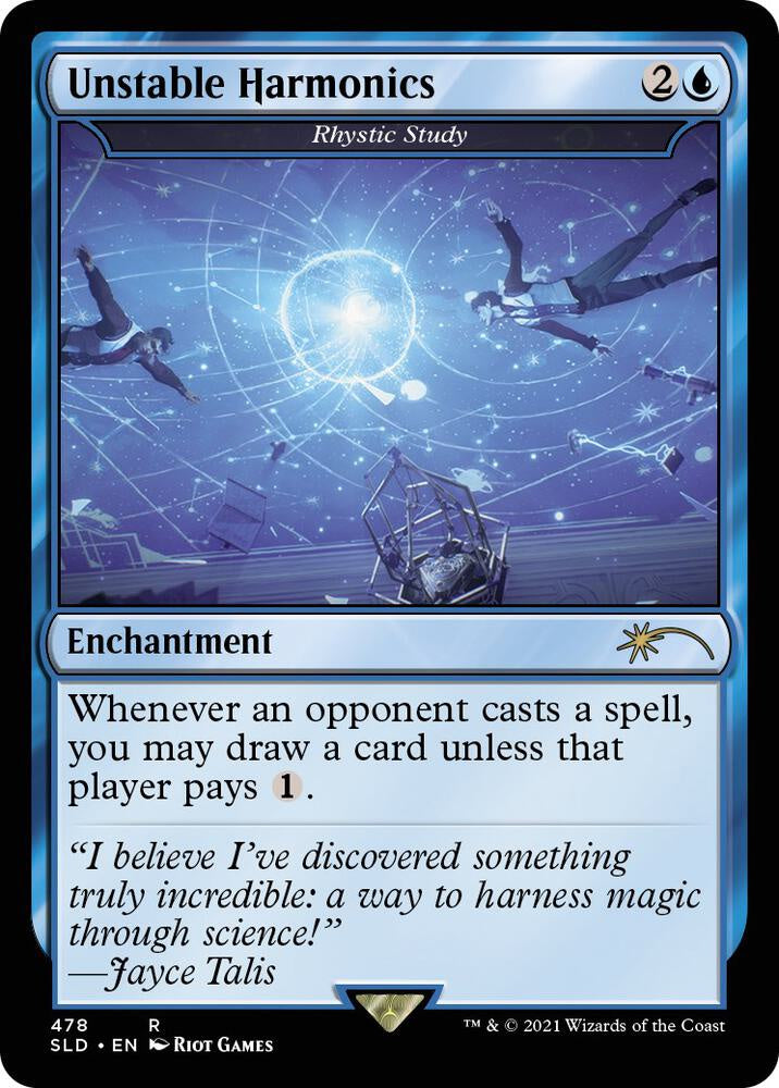“Unstable Harmonics Rhystic Study Secret Lair card with vibrant alternate-art design.”