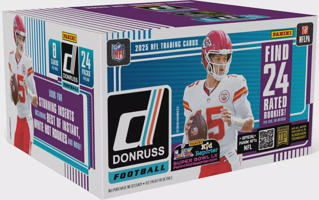 Donruss football trading card packaging with player images and branding.