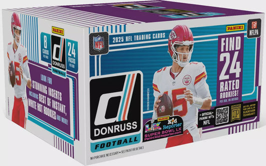 Donruss football trading card packaging with player images and branding.