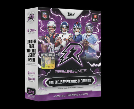 2025 Topps Resurgence Football Mega Box factory sealed pre-order featuring 1 autograph and 1 rookie relic autograph per box.