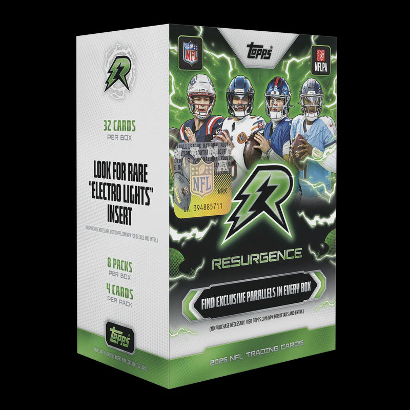 2025 Topps Resurgence Football Value Box factory sealed pre-order featuring 1 autograph and 1 rookie relic autograph per box.