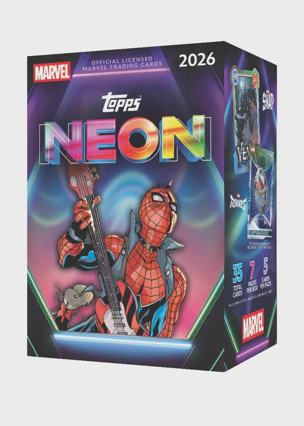 2026 Topps Marvel Neon Value Blaster Box containing 7 packs of 5 Marvel trading cards, featuring neon artwork and retail foil parallels.