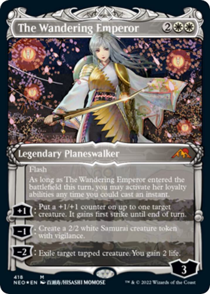 The Wandering Emperor Showcase Foil Etched Kamigawa Neon Dynasty NEO Magic The Gathering planeswalker card with alternate samurai-inspired artwork