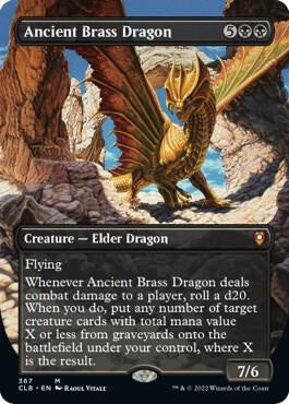 Card featuring an Ancient Brass Dragon in a fantasy setting with mountains and trees.