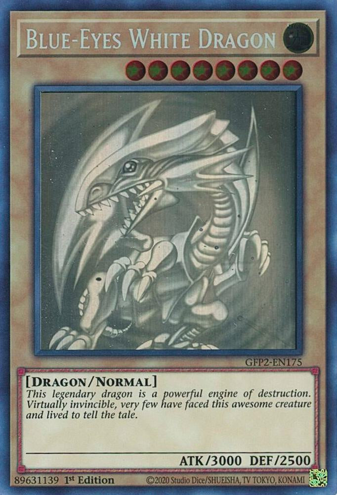 “Ghost Rare Blue-Eyes White Dragon card with shimmering ghostly foil effect.”