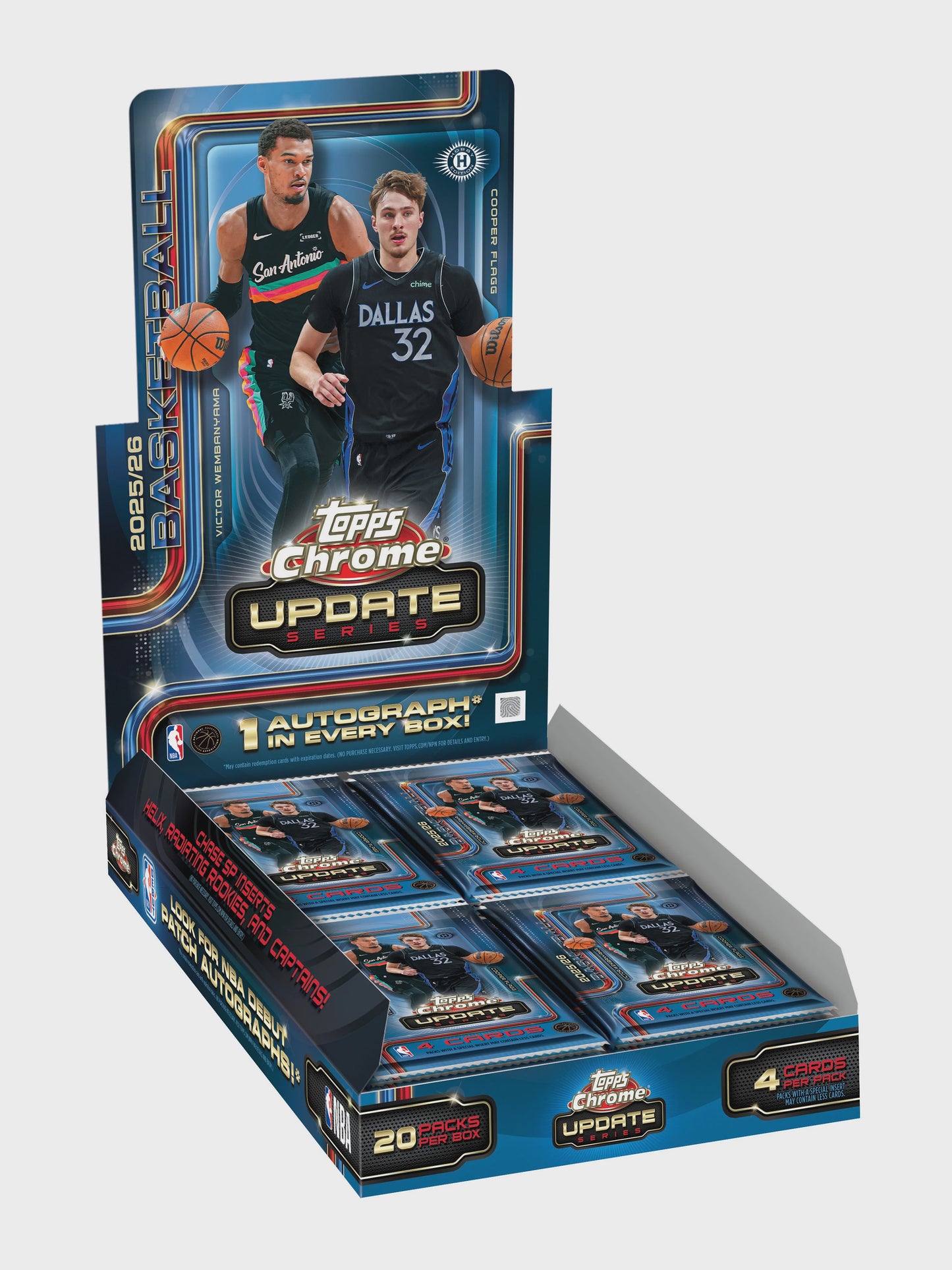 Factory sealed 2025-26 Topps Chrome Update Basketball Hobby Box available for preorder with 20 packs and 4 cards per pack.