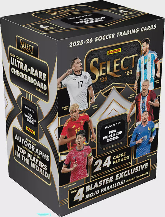 2025-26 Panini Select Road to FIFA World Cup Soccer Blaster Box factory sealed with exclusive Mojo parallels and Blue Pulsar autograph chase cards.